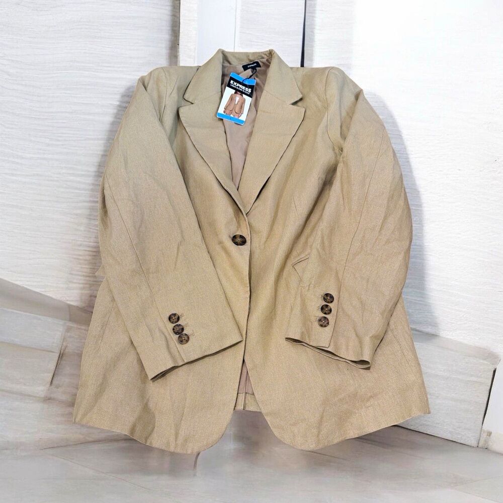 Express Women’s Blazer Beige Size L Long Sleeve Button Closure Linen Blend